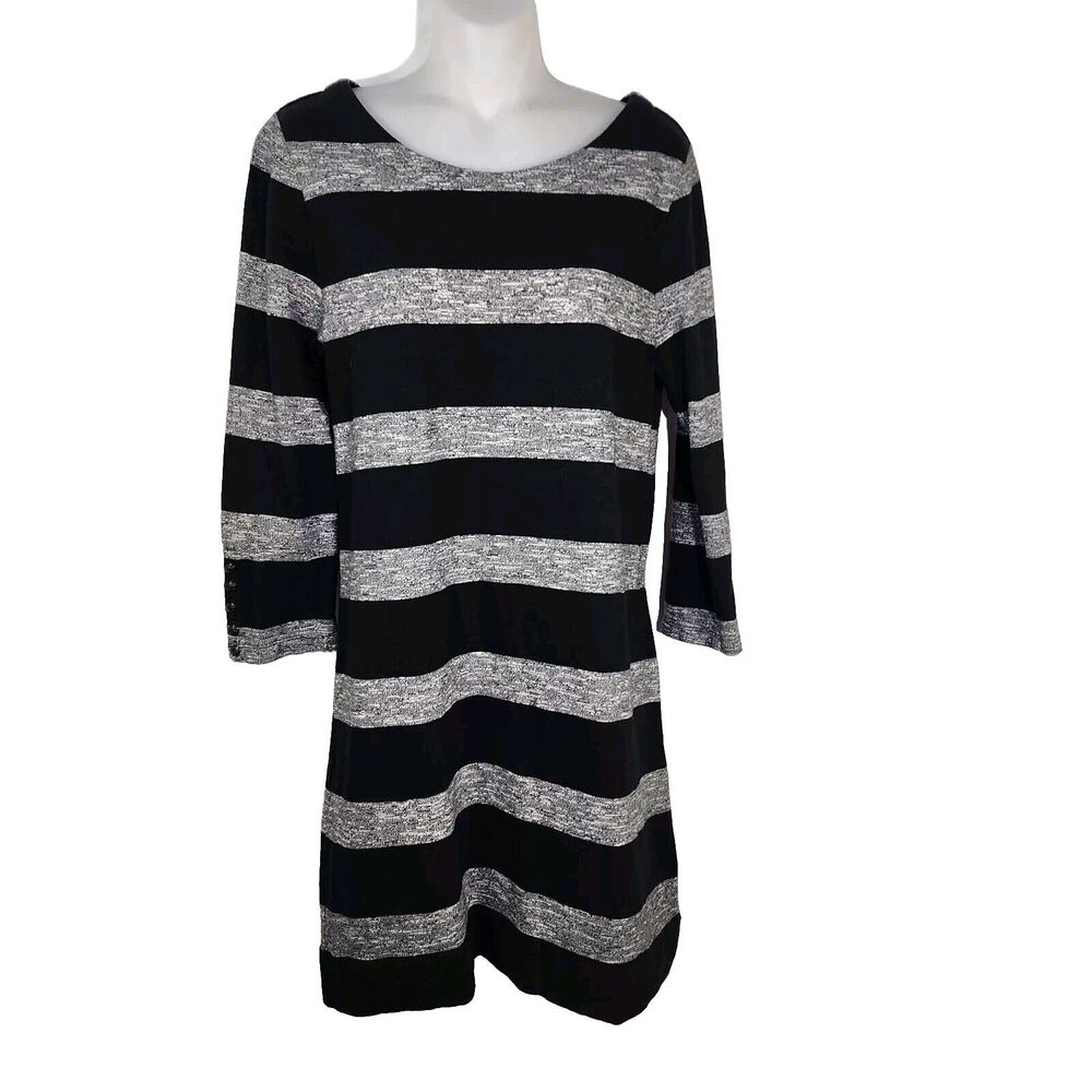 J Crew Women's Dress Small Black Gray Striped Shift Boat Neck Cotton 3/4 Sleeve